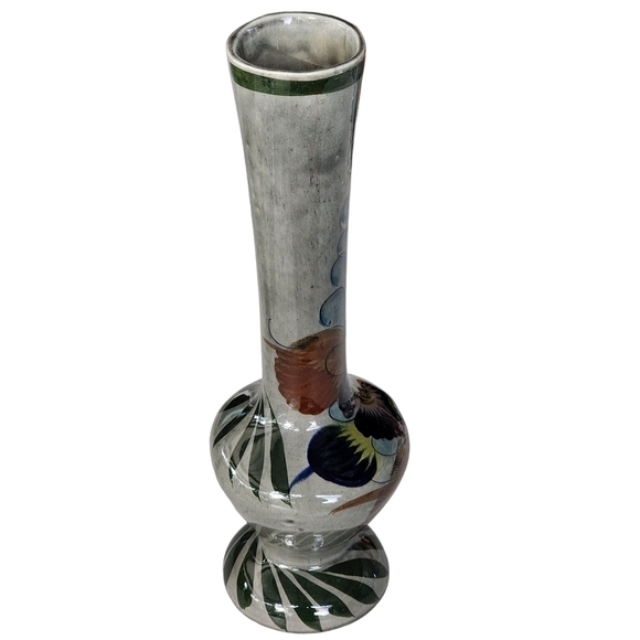 Vintage Mexico Tonala floral slate gray pottery vase - Picture 3 of 15